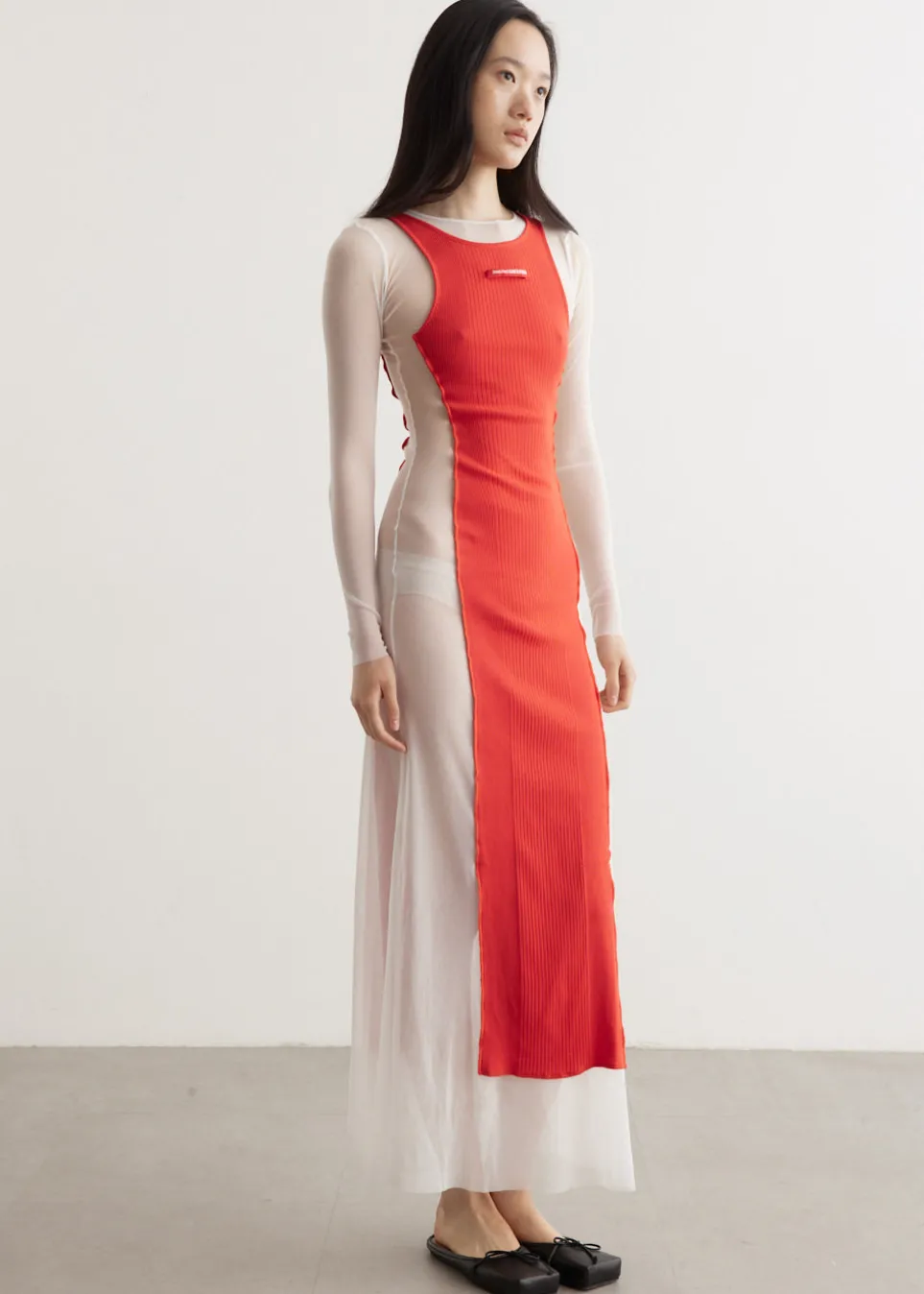 Mesh Long Dress With Rib