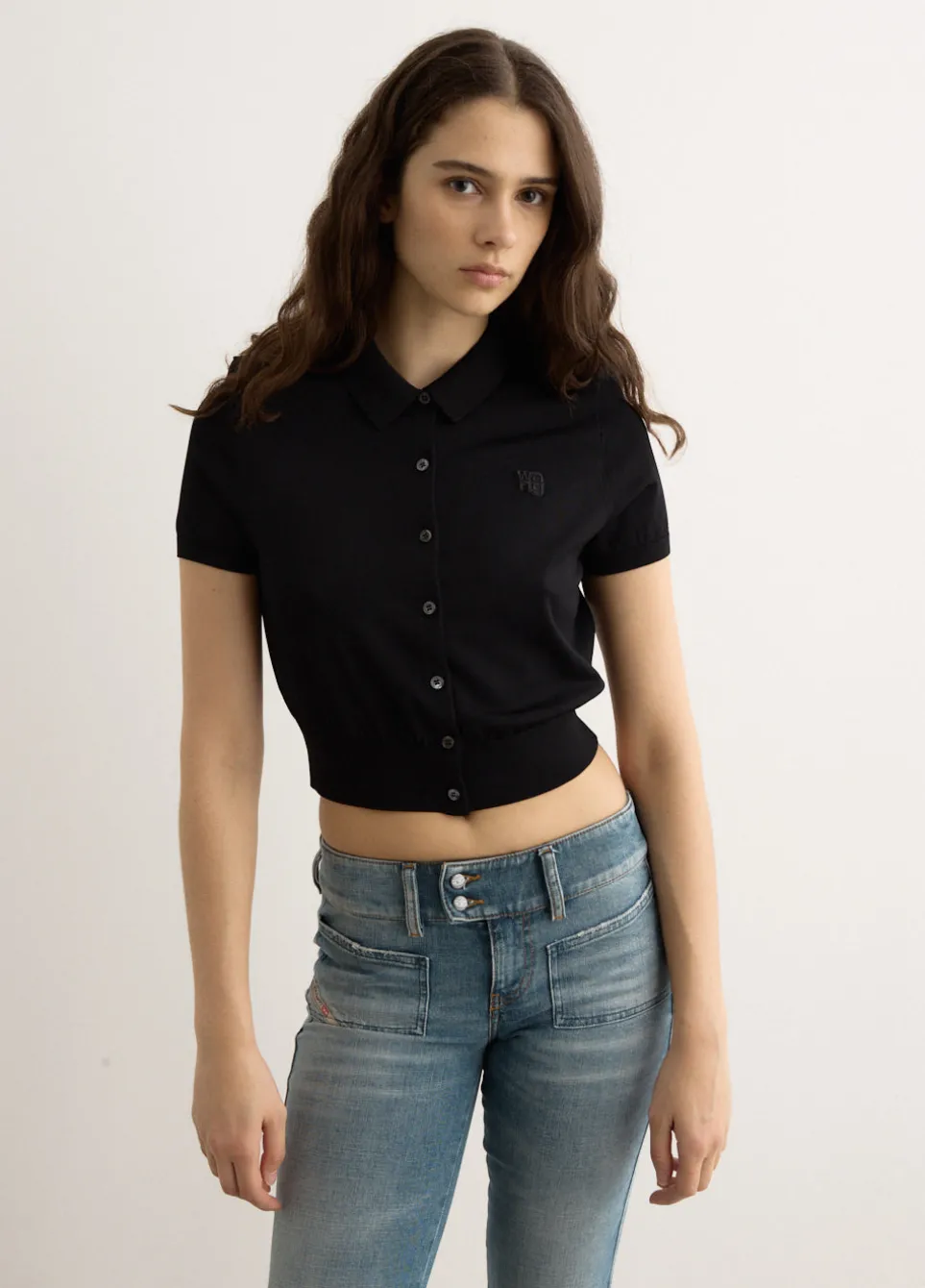 Short Sleeve Polo Cardigan With Embroidered Logo