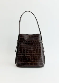 Belted Croco-Embossed Bucket Bag