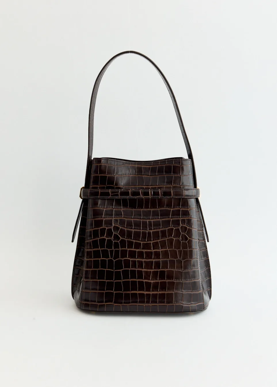 Belted Croco-Embossed Bucket Bag