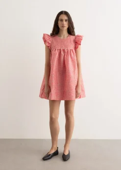 Crinkled Taffeta Check Frill Mini Dress