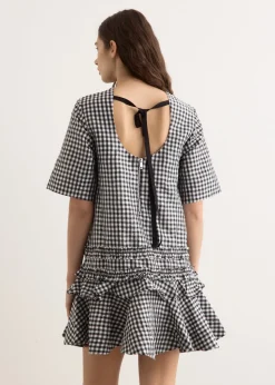 Crinkled Taffeta Check Open Back Mini Dress