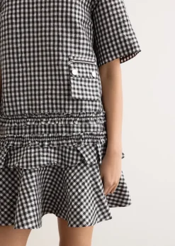 Crinkled Taffeta Check Open Back Mini Dress