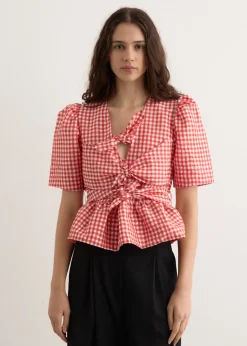 Crinkled Taffeta Check Tie Strap Blouse