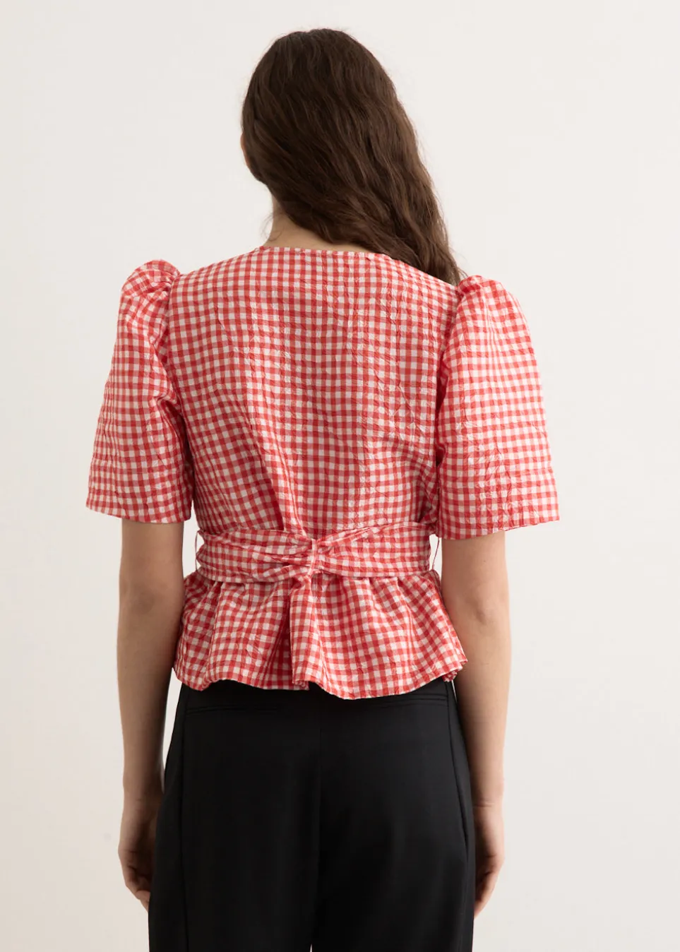 Crinkled Taffeta Check Tie Strap Blouse