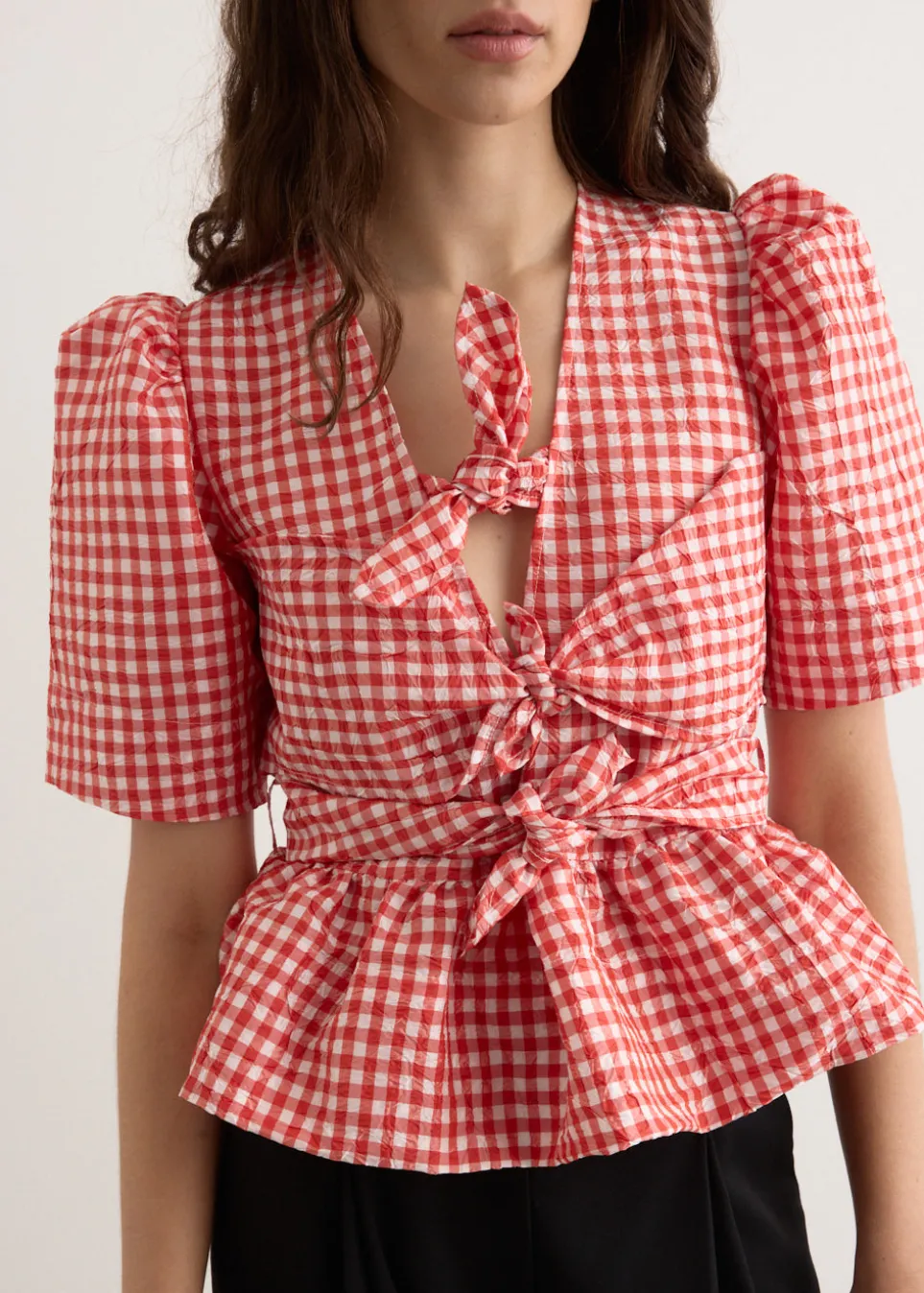 Crinkled Taffeta Check Tie Strap Blouse