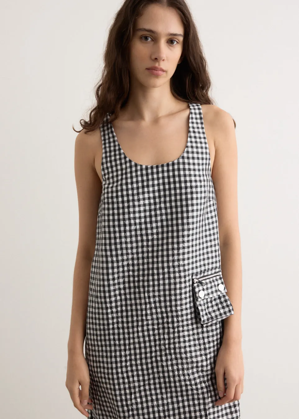 Crinkled Taffeta Check U-Neck Long Dress