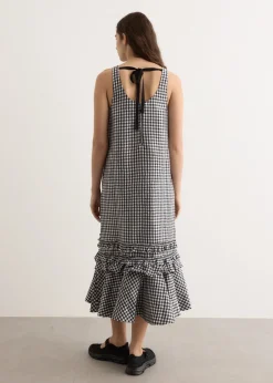 Crinkled Taffeta Check U-Neck Long Dress