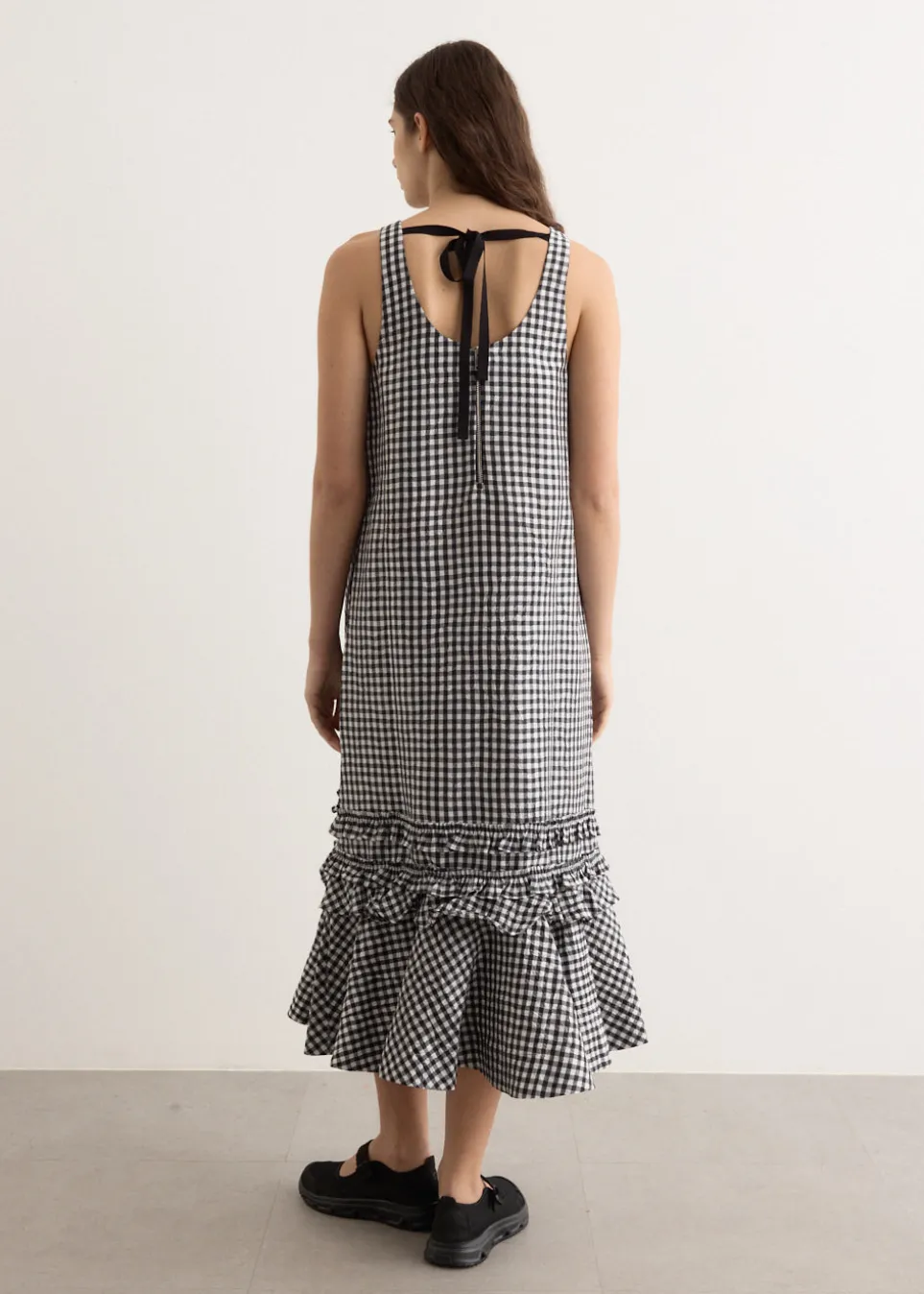 Crinkled Taffeta Check U-Neck Long Dress