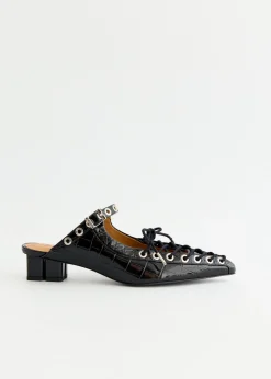 Croco Eyelets Lace Up Mules