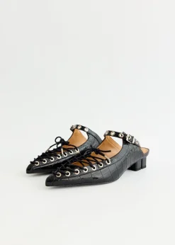 Croco Eyelets Lace Up Mules