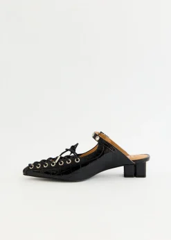 Croco Eyelets Lace Up Mules