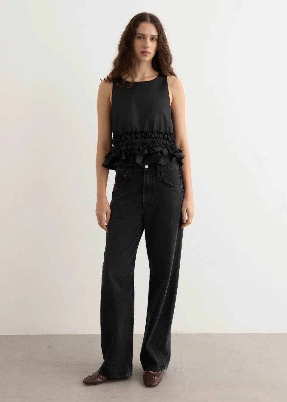 Duchesse Nylon Open Back Frill Top