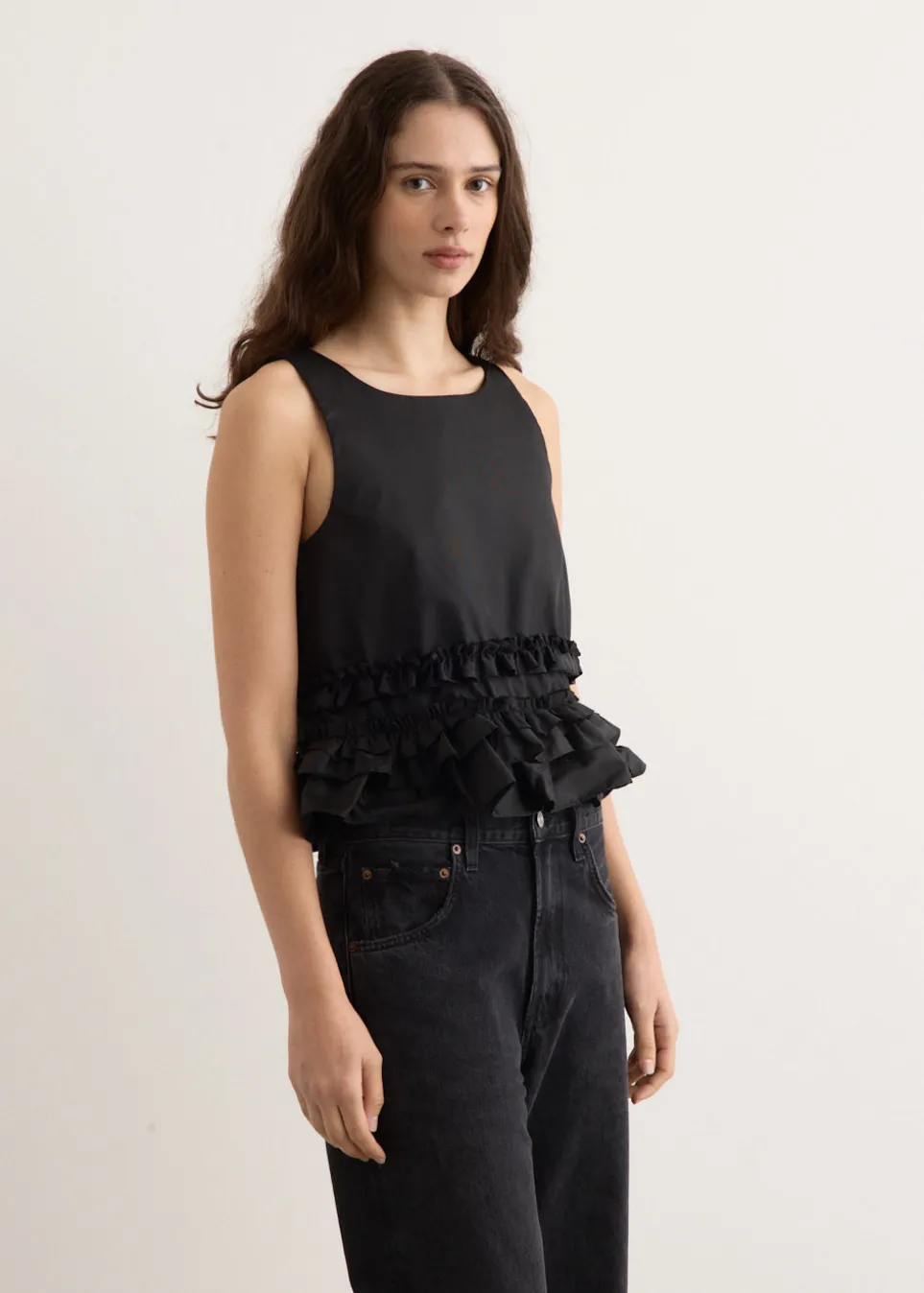 Duchesse Nylon Open Back Frill Top