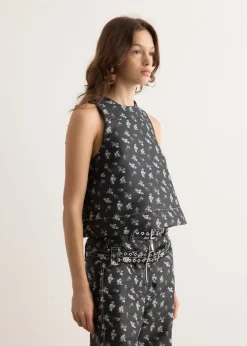 Floral Jacquard Sleeveless Open Neck Top