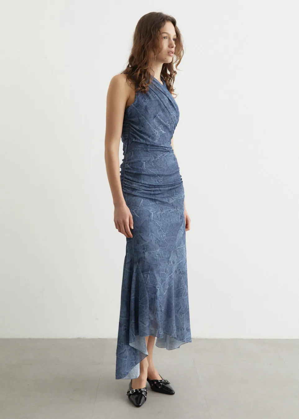 Marl Mesh Long Ruched Crossover Dress