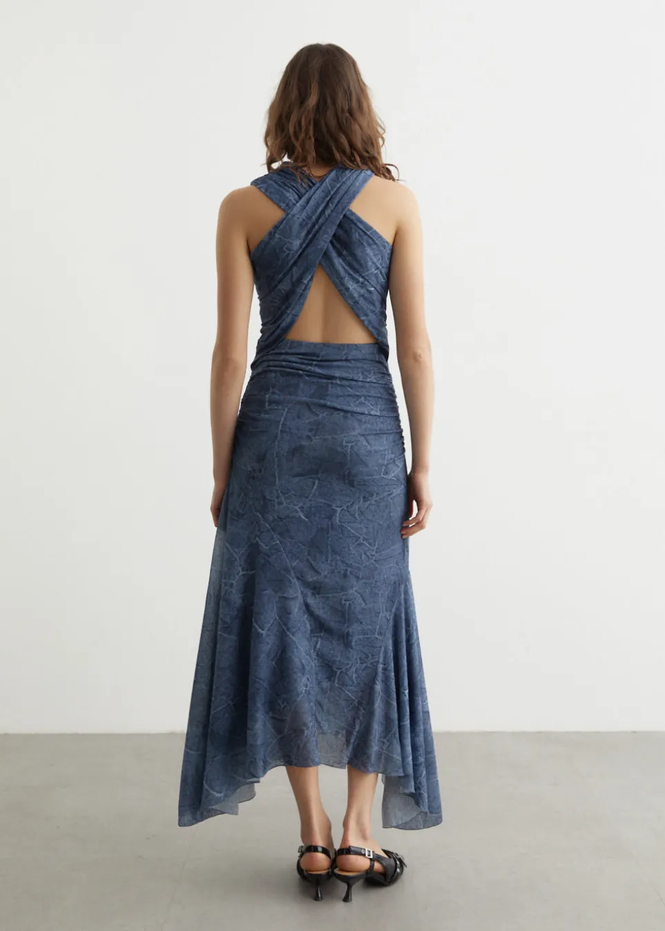 Marl Mesh Long Ruched Crossover Dress