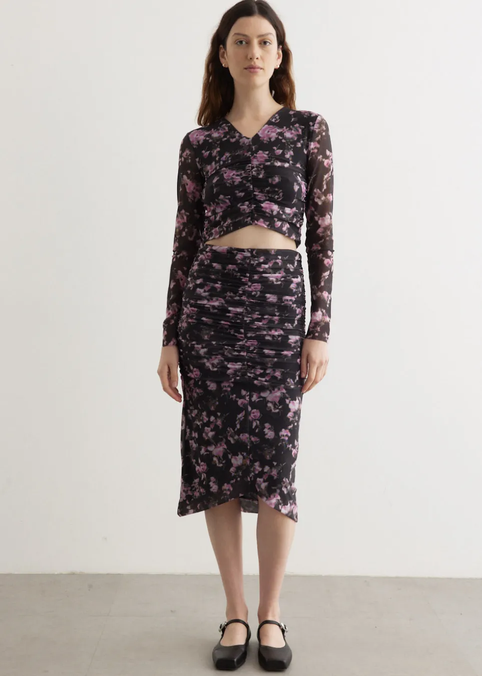 Mesh Ruched Midi Skirt