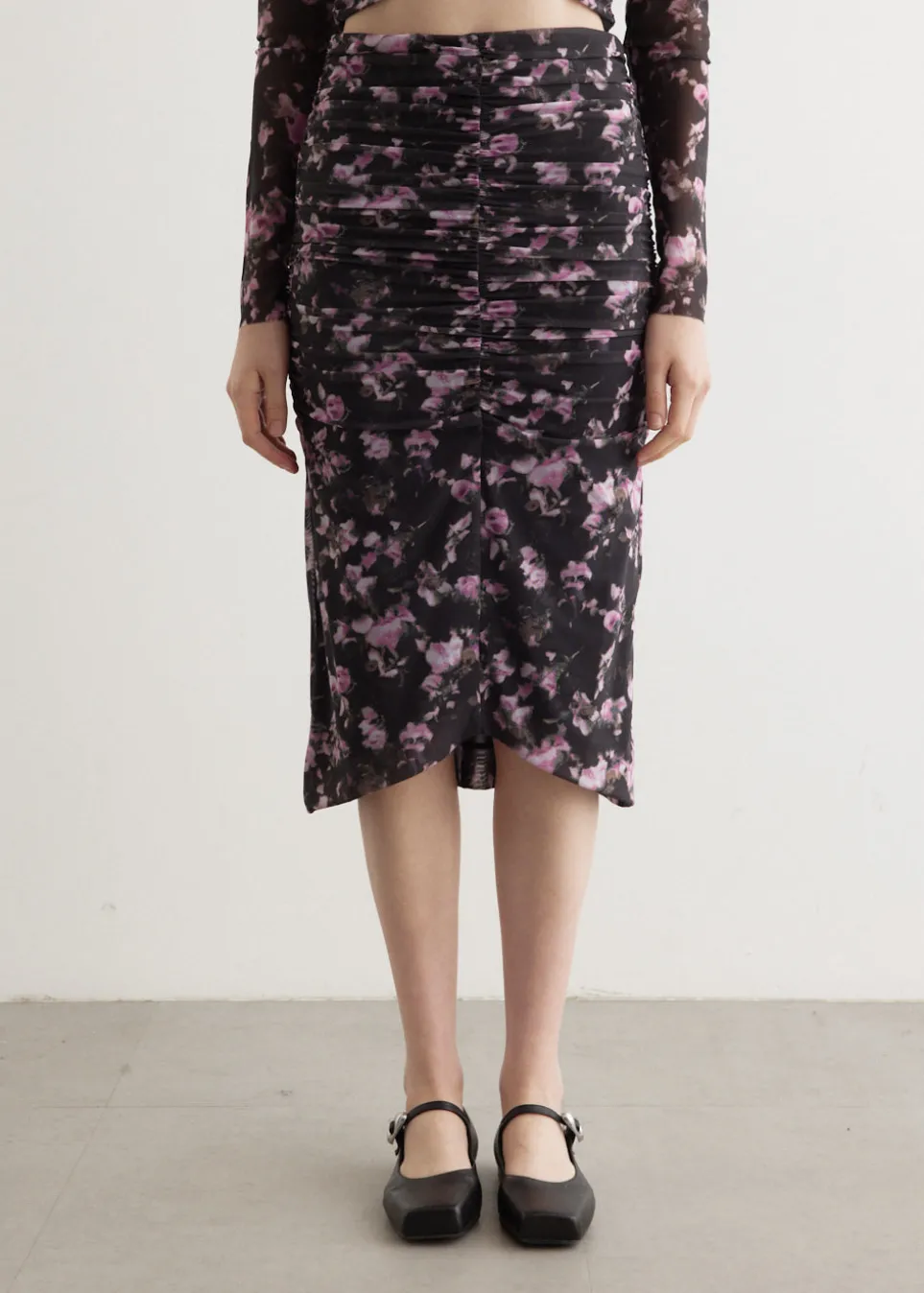 Mesh Ruched Midi Skirt