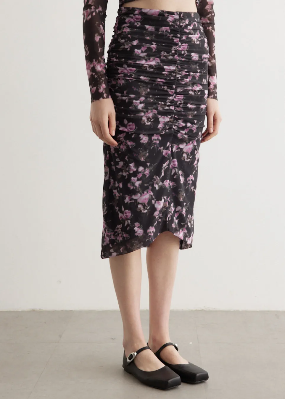 Mesh Ruched Midi Skirt