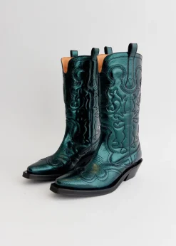 Mid Shaft Metallic Embroidered Western Boots