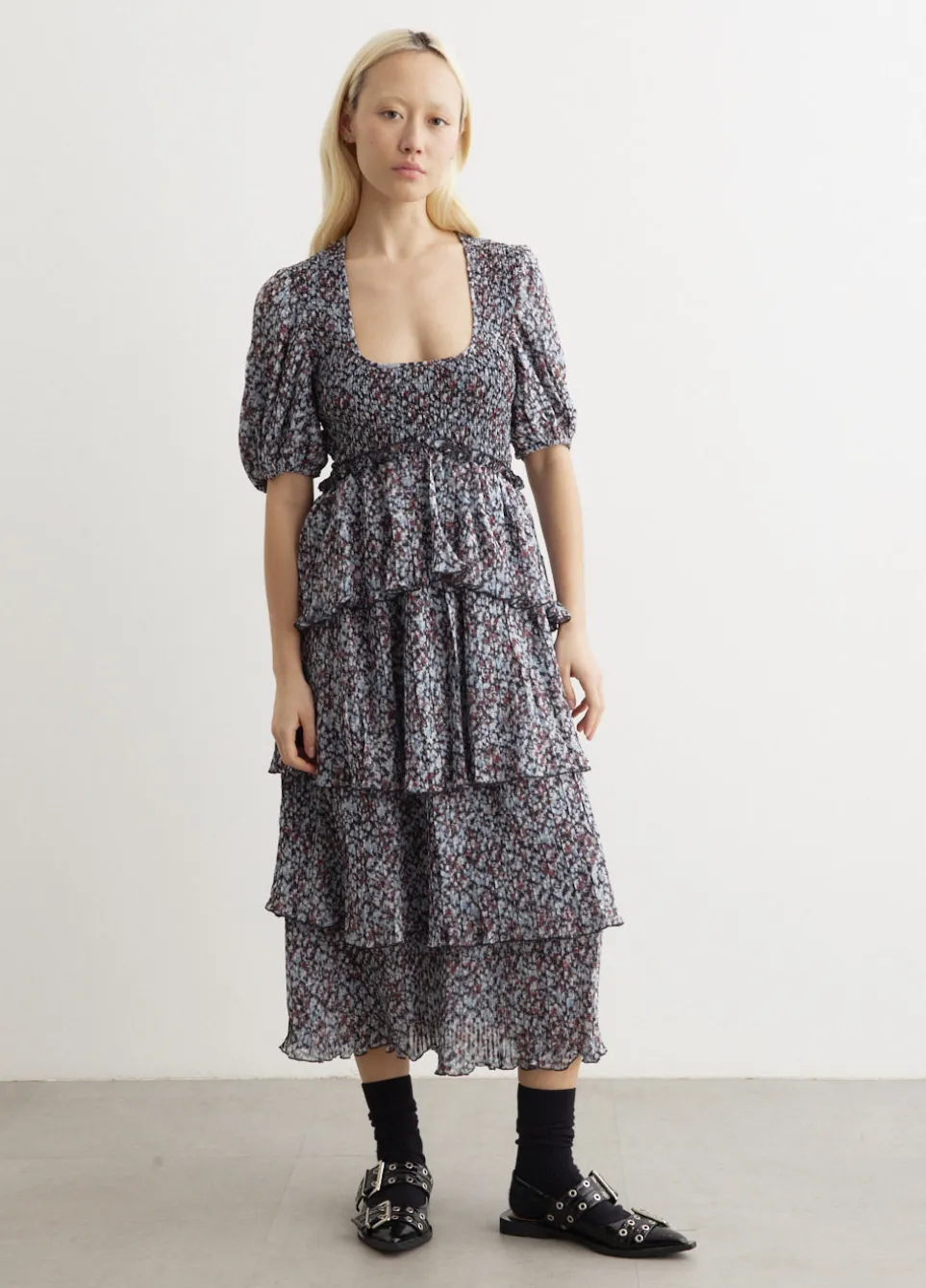 Pleated Georgette Layer Smock Midi Dress