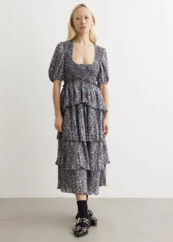 Pleated Georgette Layer Smock Midi Dress