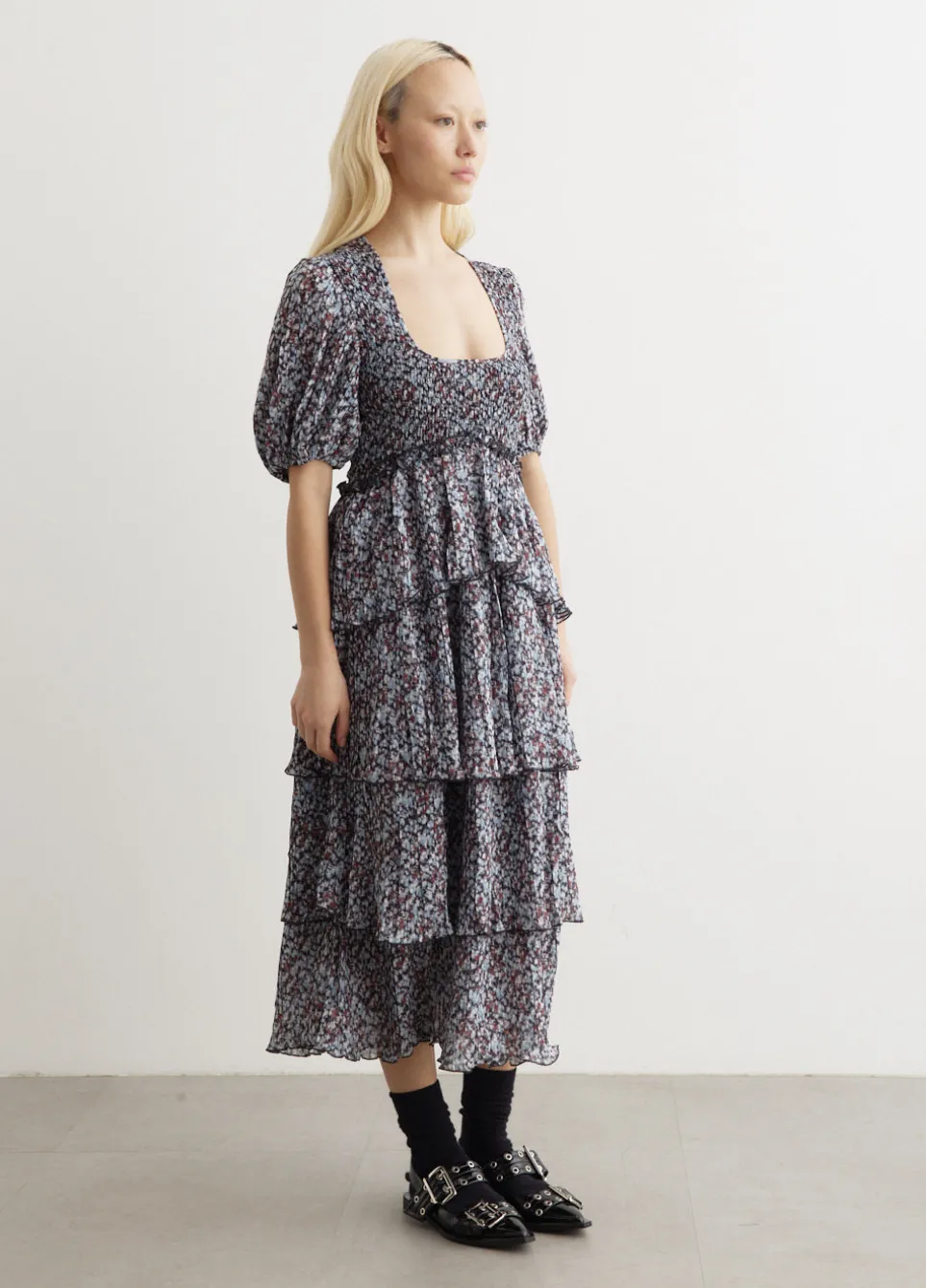 Pleated Georgette Layer Smock Midi Dress