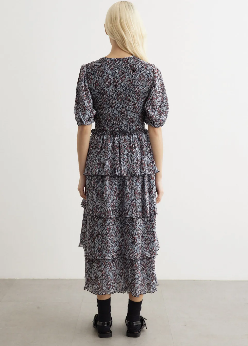 Pleated Georgette Layer Smock Midi Dress