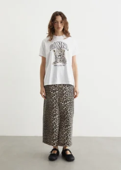 Print Denim Maxi Slit Skirt