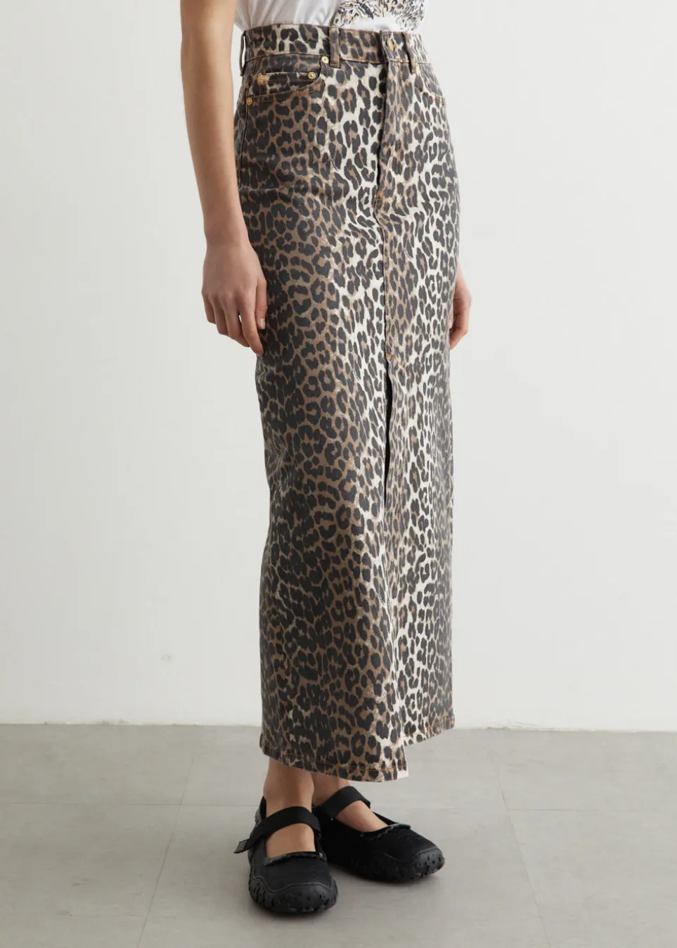 Print Denim Maxi Slit Skirt