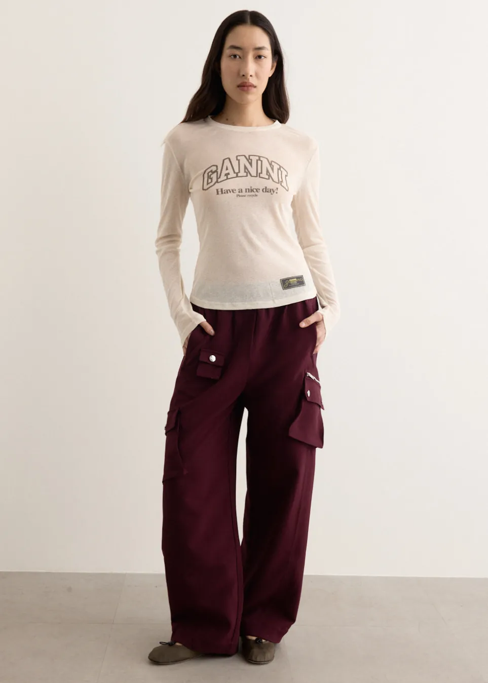 Printed Marl Mesh Long Sleeve Top