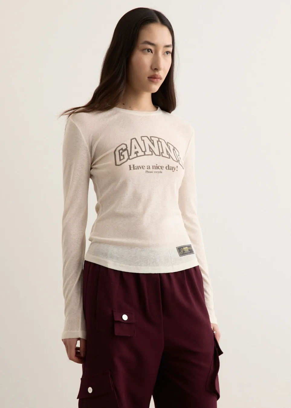 Printed Marl Mesh Long Sleeve Top