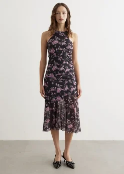 Printed Mesh Sleeveless Midi Dress