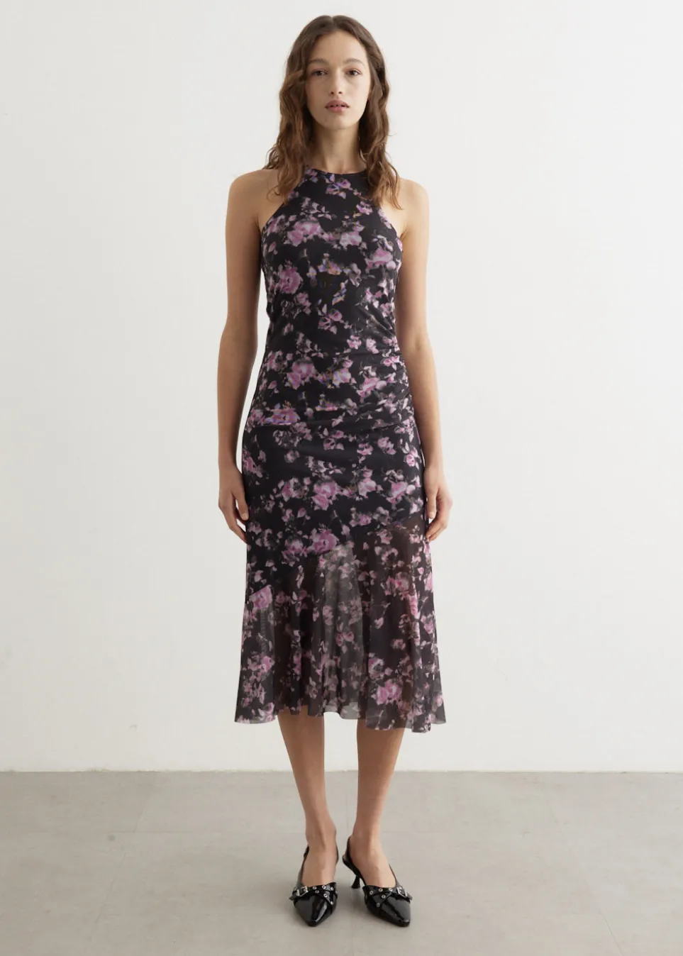 Printed Mesh Sleeveless Midi Dress