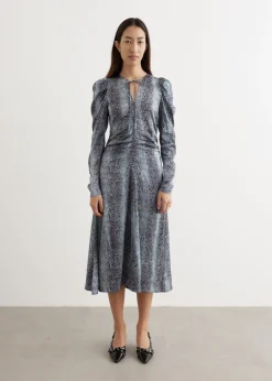 Printed Satin Ruched Midi Dress