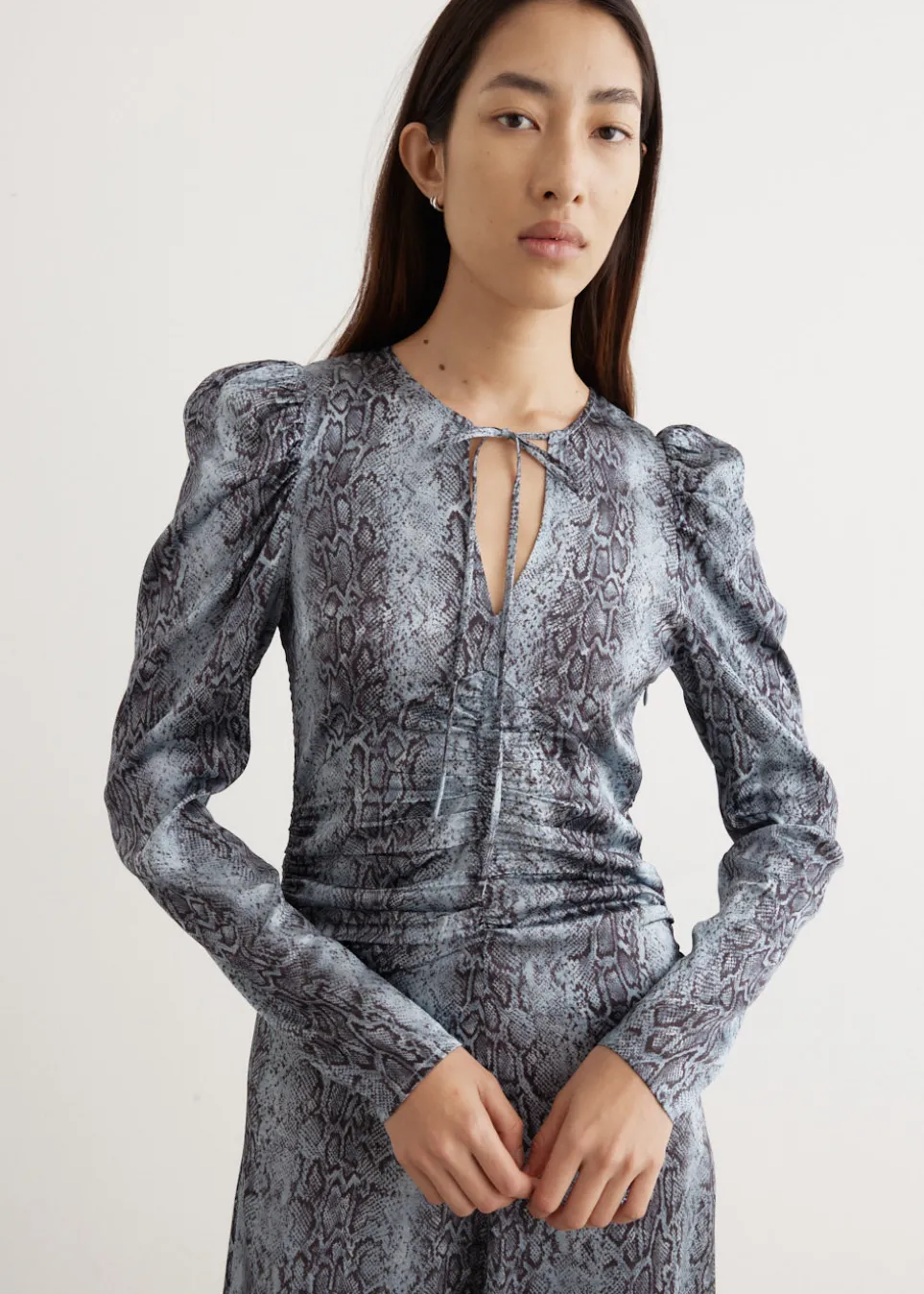 Printed Satin Ruched Midi Dress