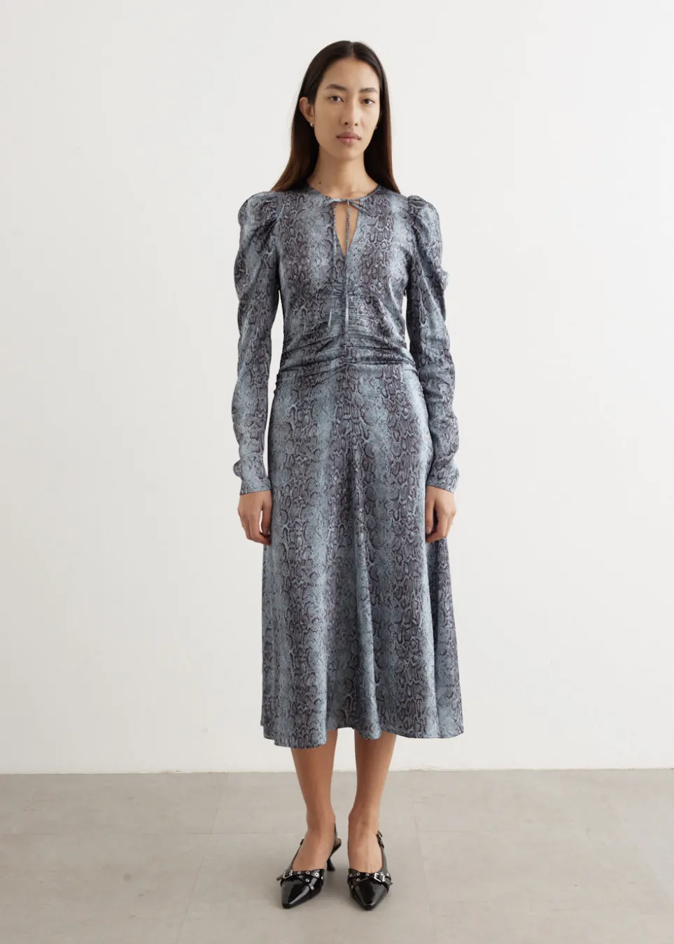 Printed Satin Ruched Midi Dress