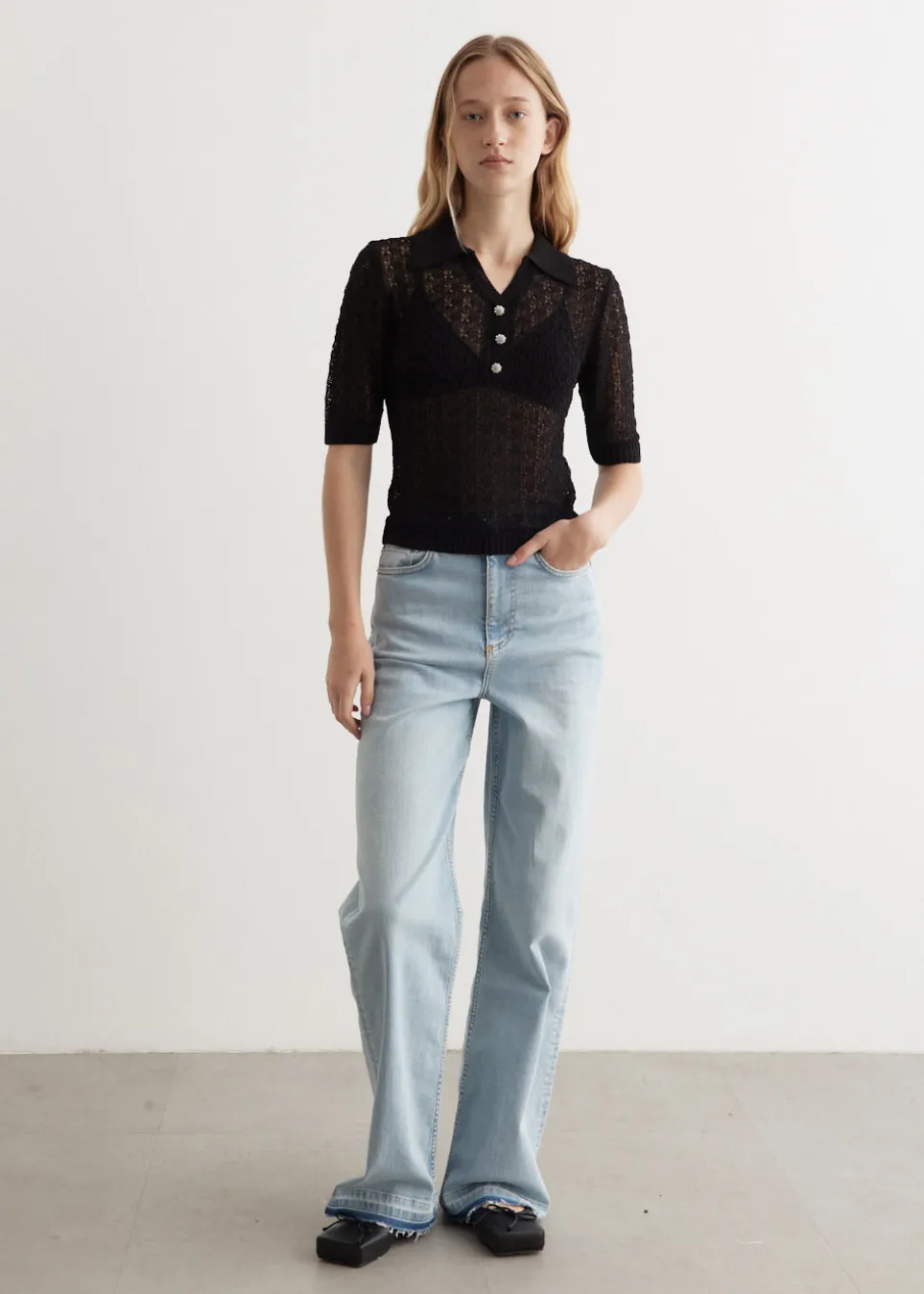 Shiny Pointelle Knit Short Sleeve Polo