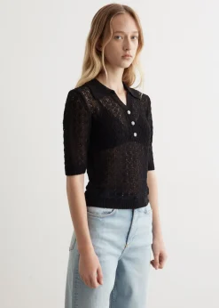 Shiny Pointelle Knit Short Sleeve Polo