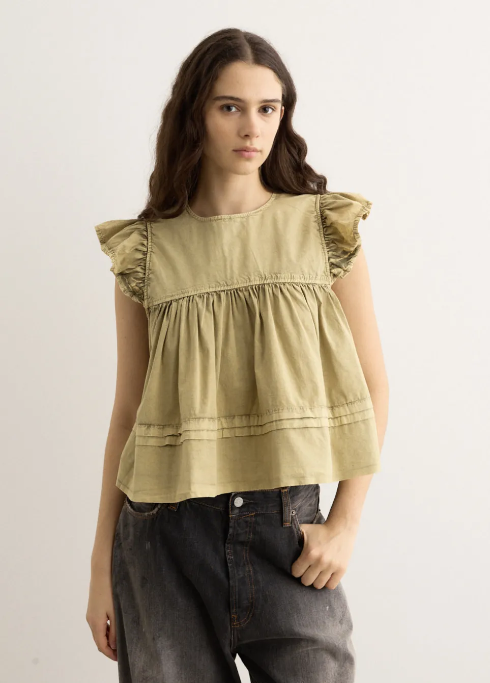Washed Stretch Cotton Frill Sleeve Top