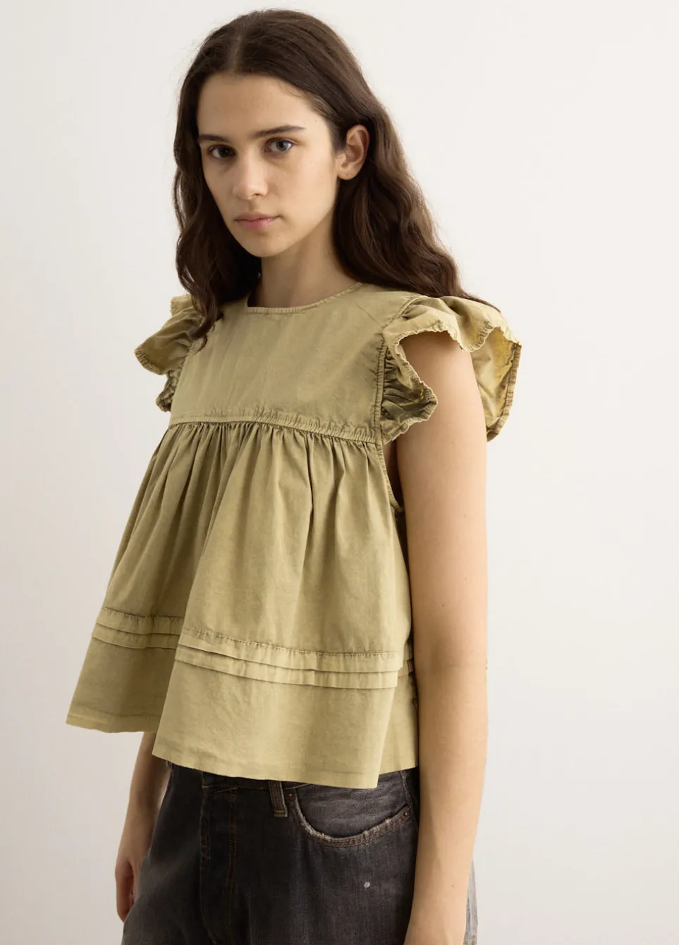 Washed Stretch Cotton Frill Sleeve Top