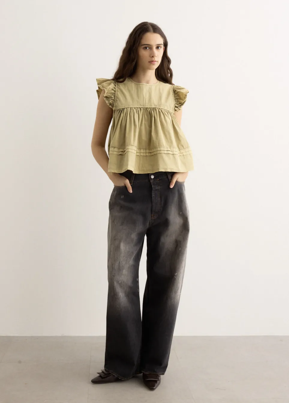 Washed Stretch Cotton Frill Sleeve Top